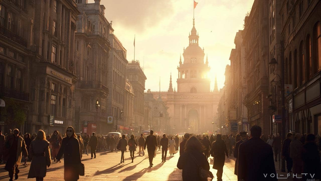 Crowded city street with historic buildings and spire at sunset