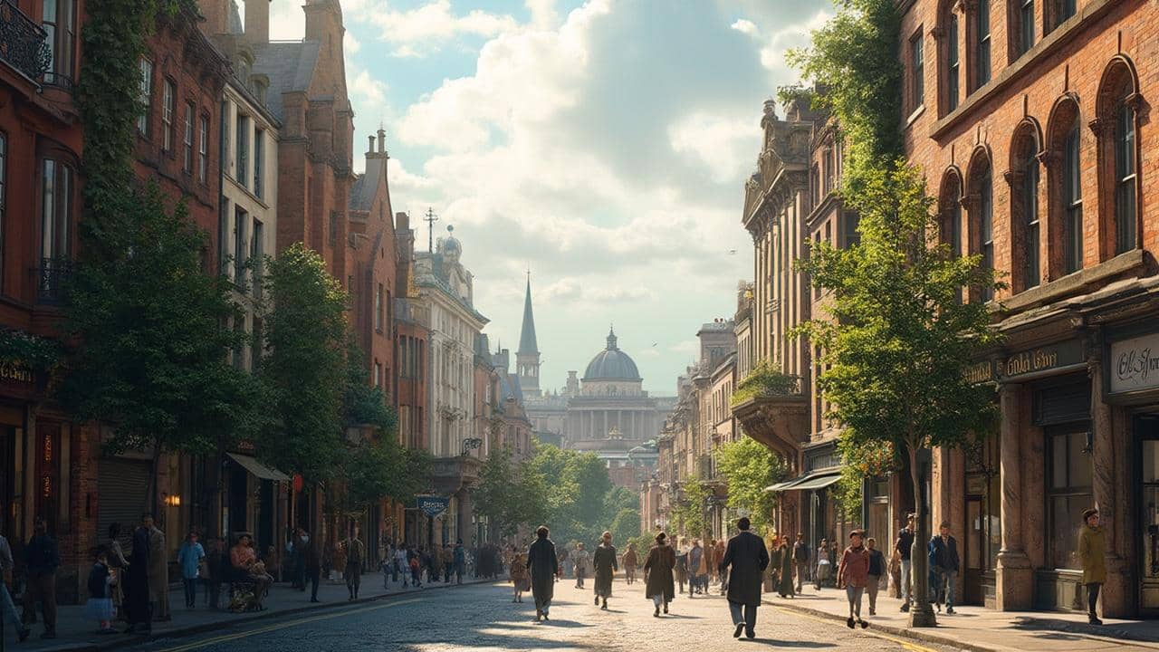 A picturesque European city street with ornate buildings, pedestrians, and a central dome in the distance.