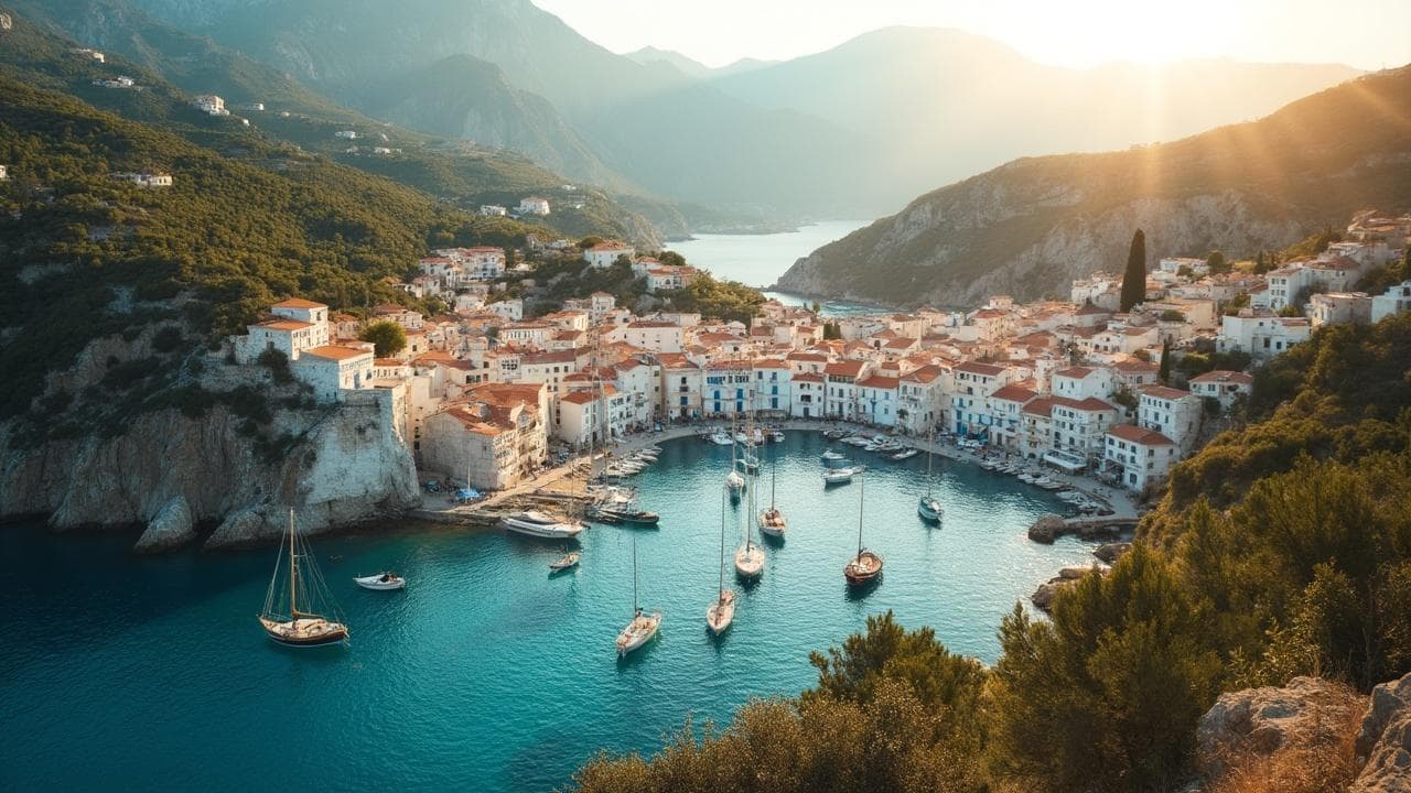 Breathtaking view of a picturesque coastal town nestled between mountains