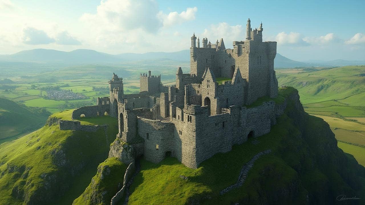 Impressive stone castle on a verdant hilltop overlooking a picturesque landscape.