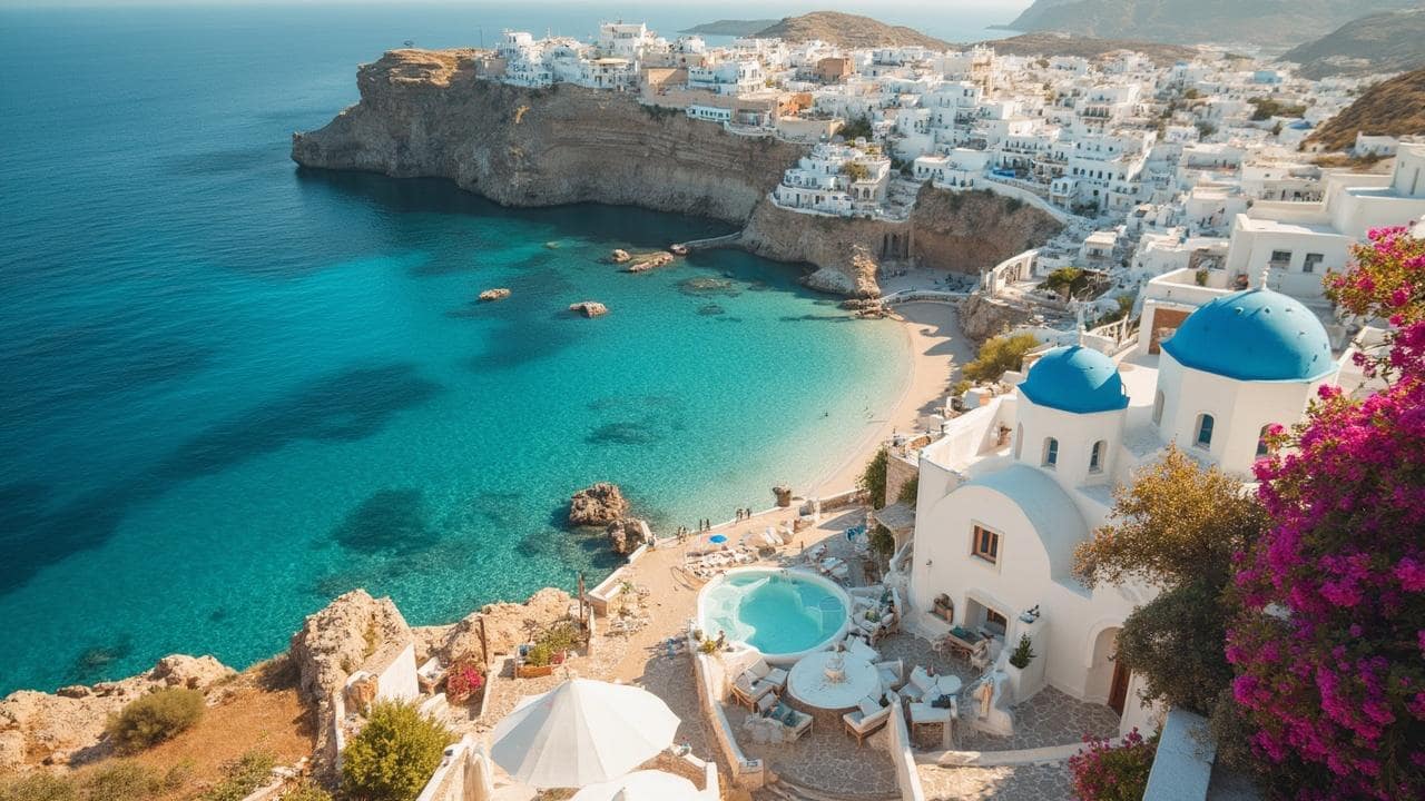 Stunning coastal village with white buildings, blue domes, and azure waters