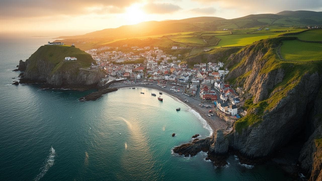 Aerial view of a quaint coastal town at sunset, surrounded by cliffs and the sea.