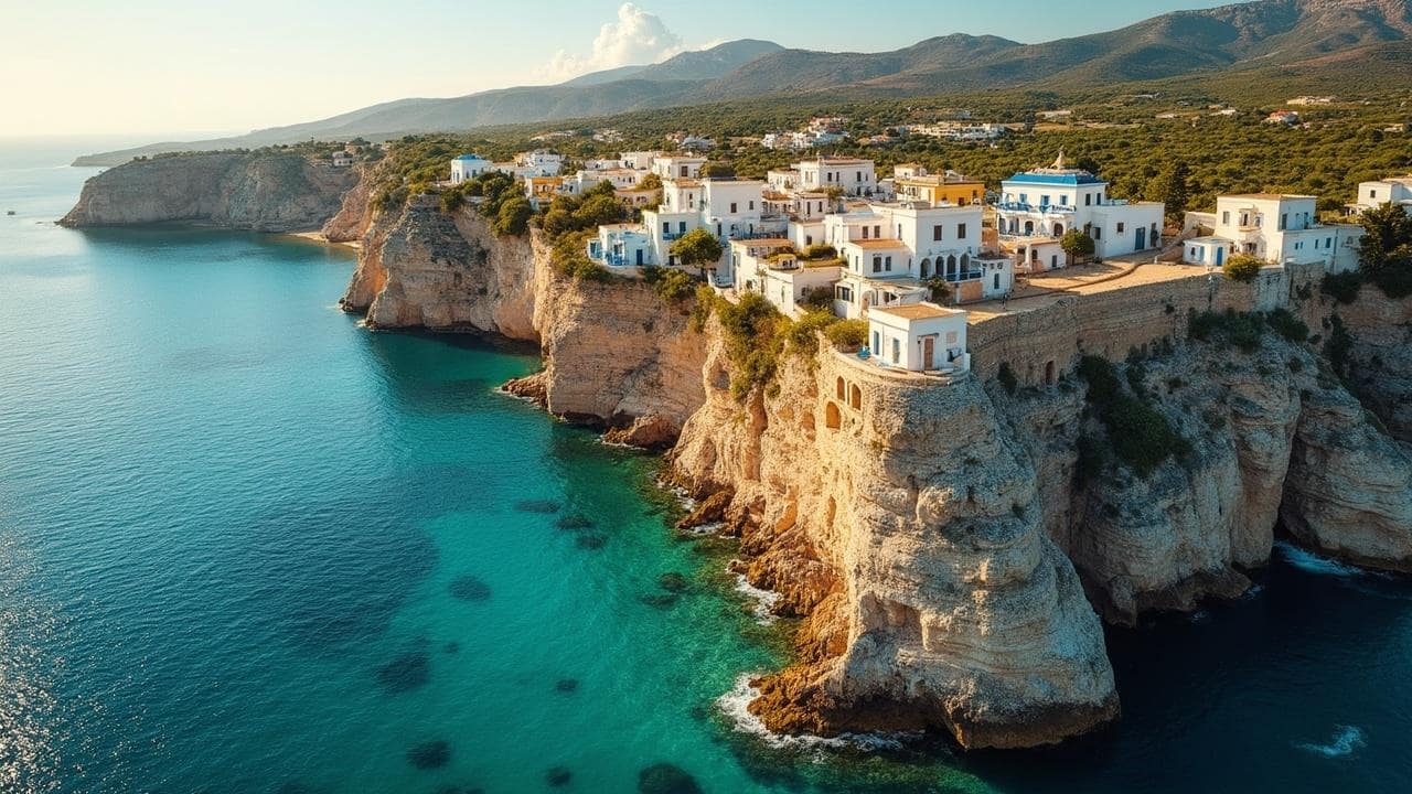 Aerial view of a scenic coastal village with white buildings on a cliff