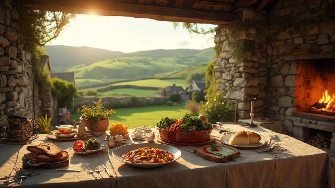 Hearty homemade meal set on a rustic table with mountain views