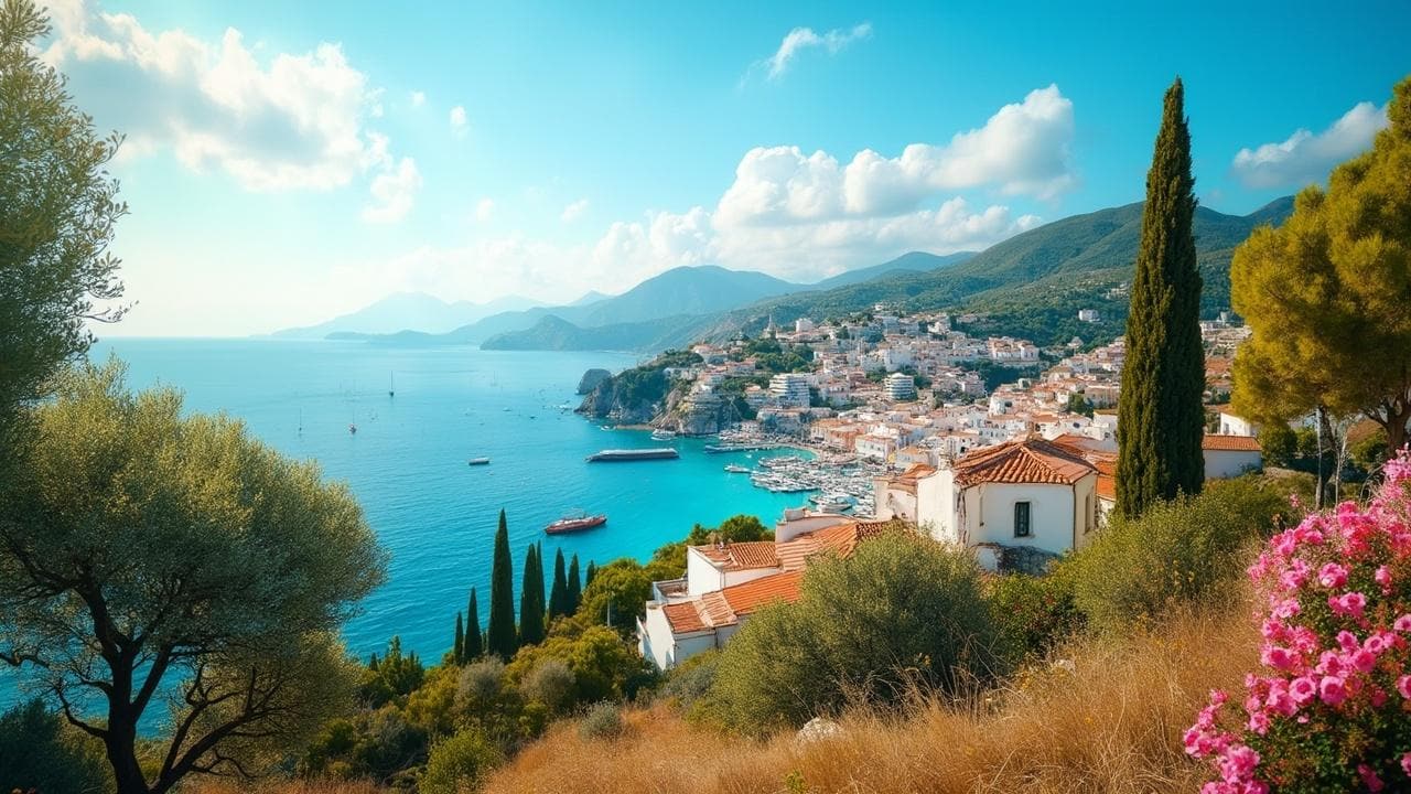 Scenic coastal town nestled in mountains overlooking turquoise waters