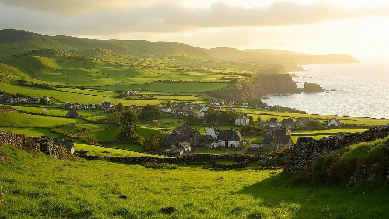 Picturesque rolling hills and cliffs overlooking the ocean in Ireland