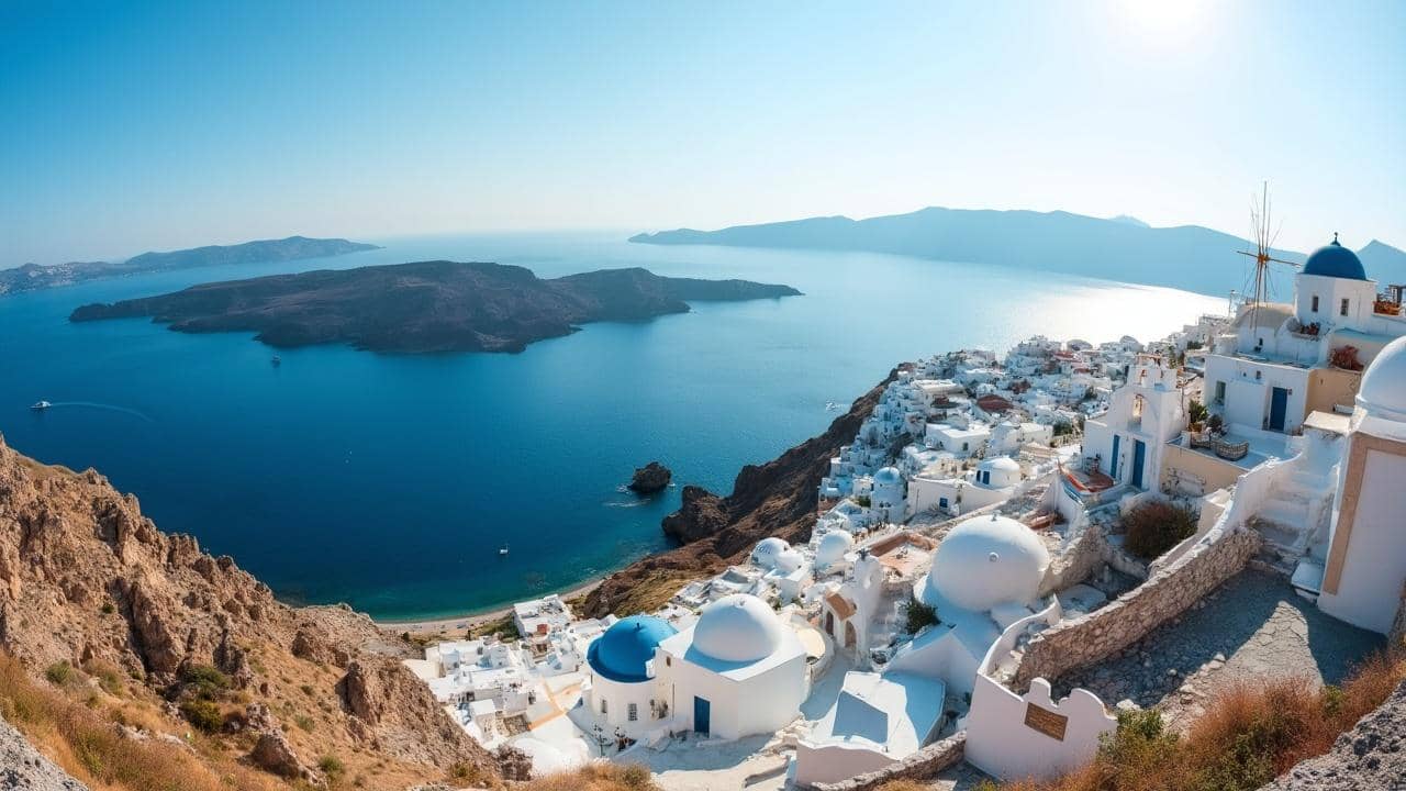 Panoramic view of the picturesque town of Oia on the island of Santorini, Greece