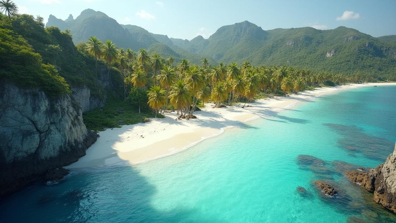 Stunning tropical beach with palm trees, turquoise waters, and rugged mountains