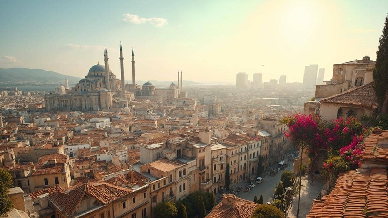 Panoramic view of Istanbul's historic skyline with mosques and modern buildings.